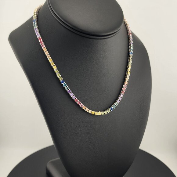 Rainbow Radiance – Sterling Silver Multi-Gemstone Tennis Necklace - Picture 2 of 7